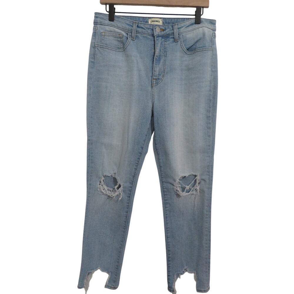 L'Agence Women Sz 31 High Rise Skinny Distressed Raw Hem Light Wash Jeans